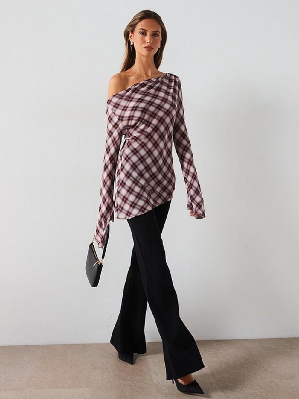Mango Women's Red Plaid Long-Sleeve Top